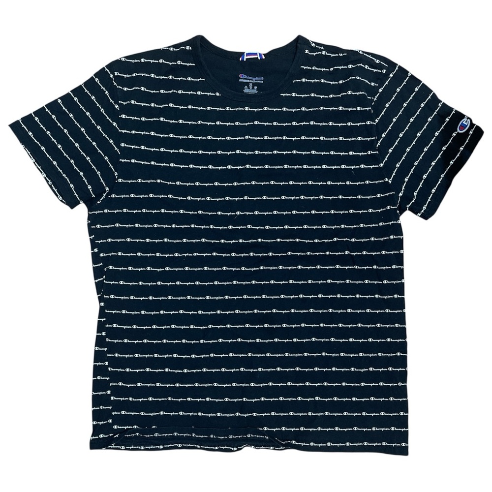 Champion Men’s Black with All Over Logo Print Striped T-Shirt